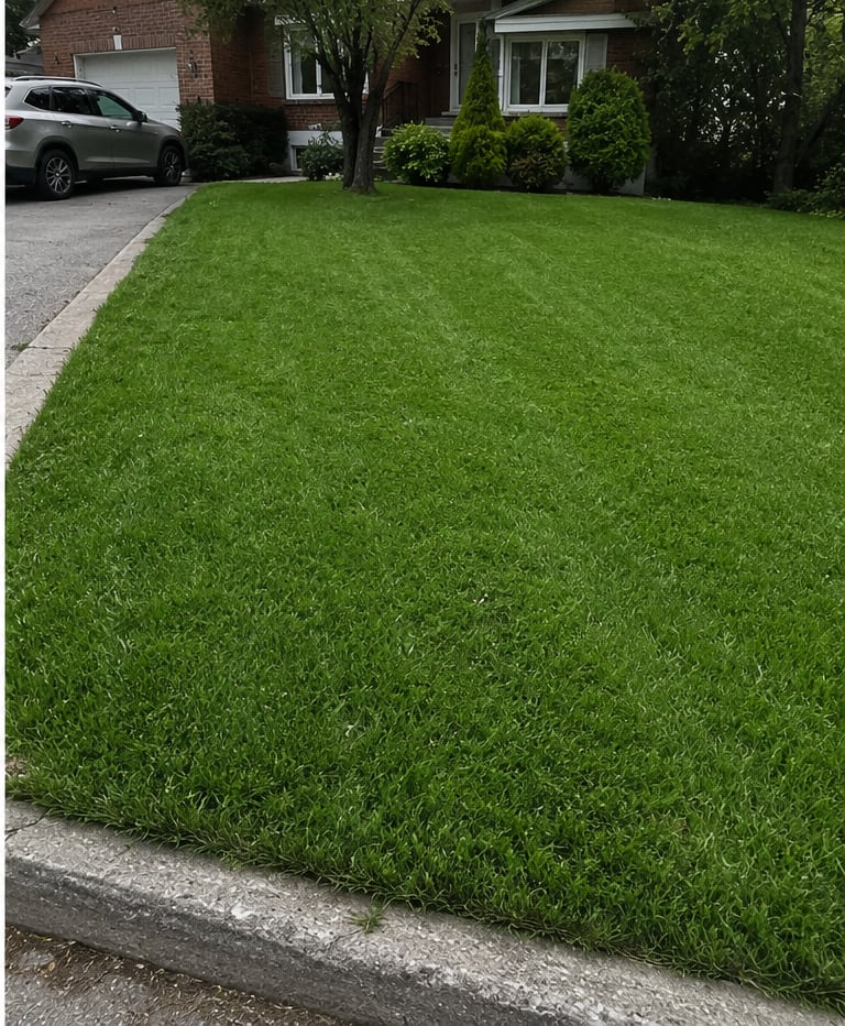 After: weedy lawn to thick turf, a dense lawn with no visible bare strips