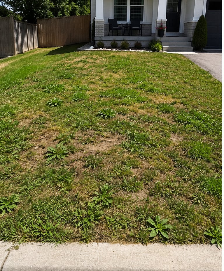 Before: front lawn recovery, bare patches, broadleaf weeds and thin grass that dried out by july